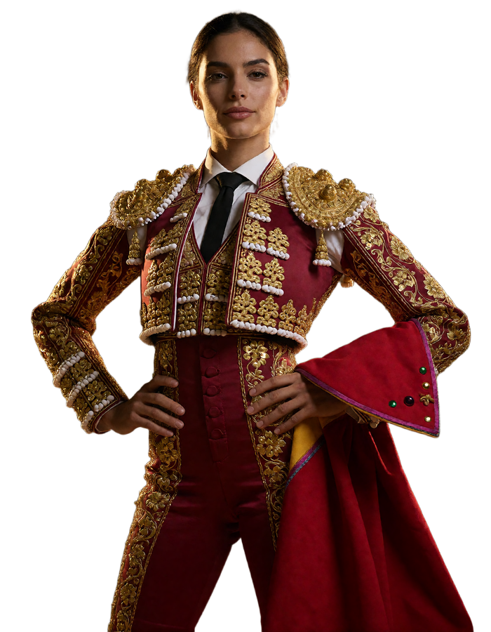 Selbstbewusste Matadorin Carmen im roten Traje de Luces mit Muleta - Casina Casino Arena
