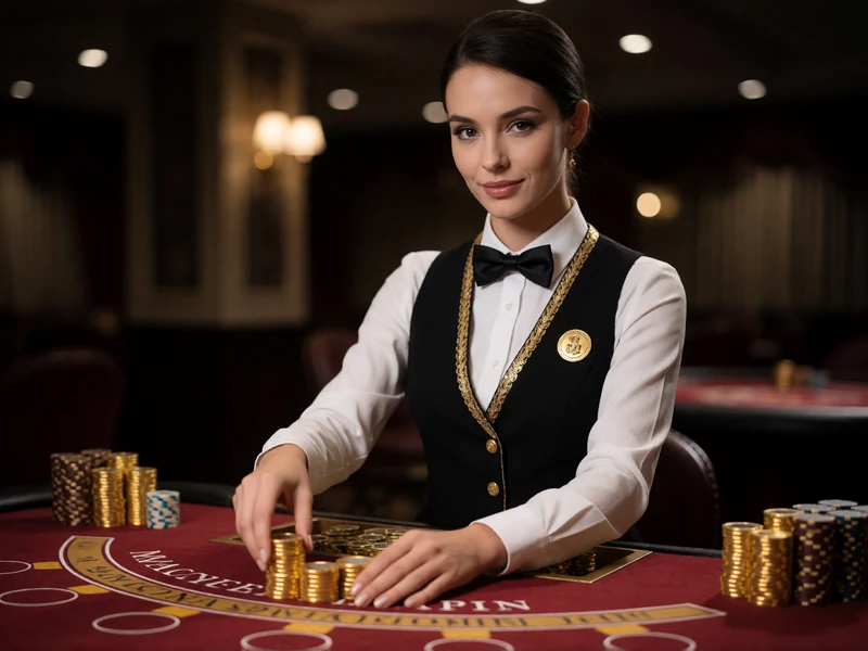 Elegante Dealerin stapelt goldene Chips am Blackjack-Tisch im Casina Live-Casino