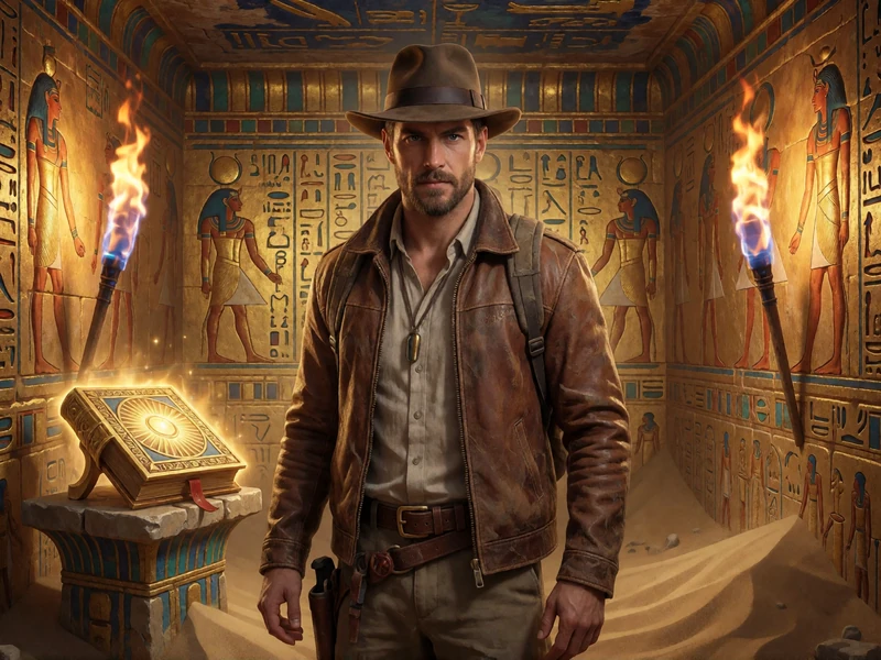 Book of Dead Slot: Abenteurer mit Fedora vor goldenem Buch in &auml;gyptischer Grabkammer