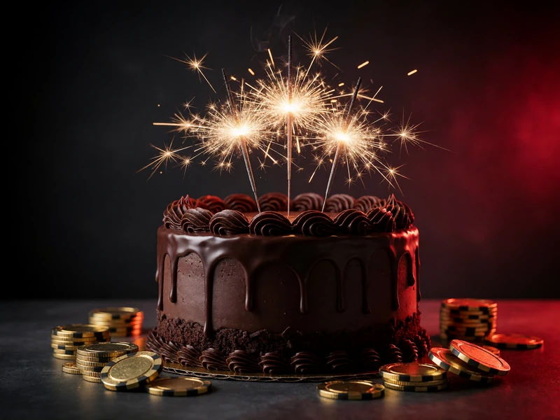 Dunkle Geburtstagstorte mit goldenen Wunderkerzen und Casino-Chips - Casina Geburtstagsbonus
