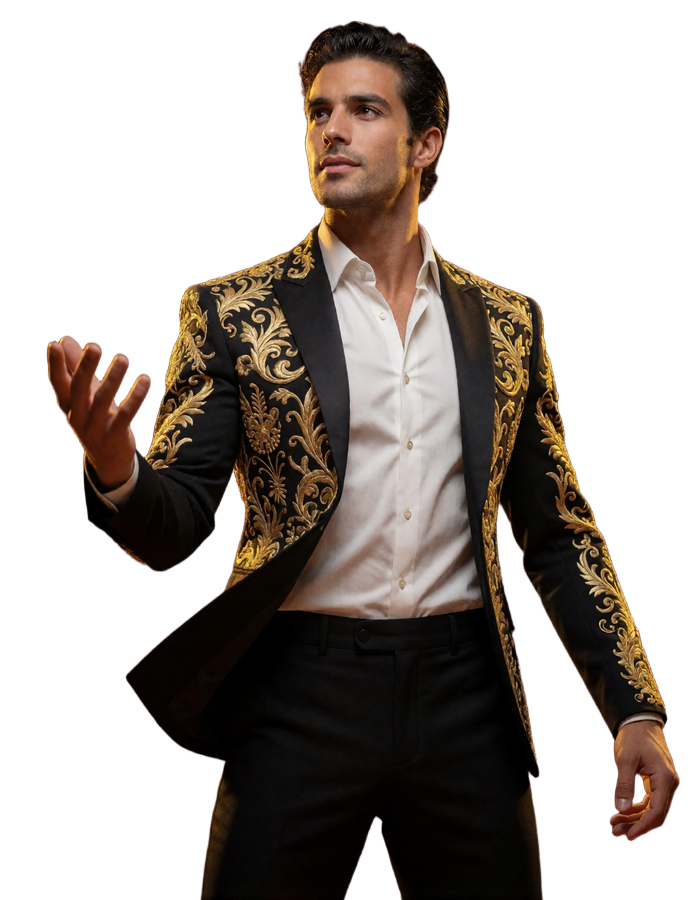 Torero im schwarz-goldenen Anzug wirft goldene Casino-Chips in die Luft - Casina Casino Bonus