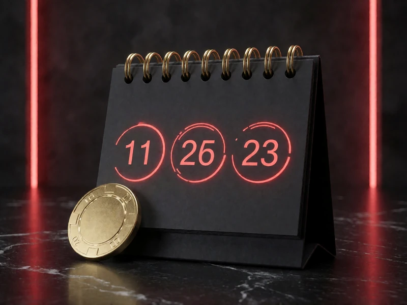 Dunkler Kalender mit rot markierten Reload-Bonus-Tagen und goldenem Casino-Chip