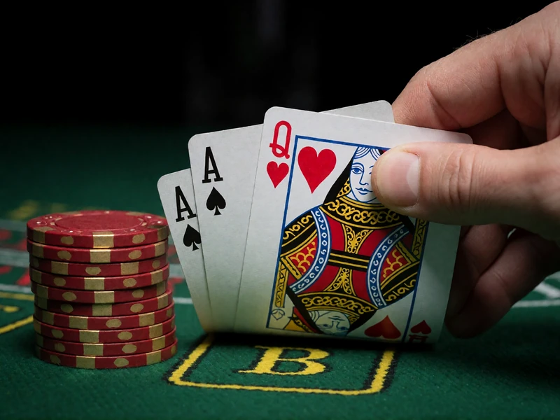 Blackjack-Hand auf gr&uuml;nem Filz: Pik-Ass und Herz-Dame neben Jetonstapel