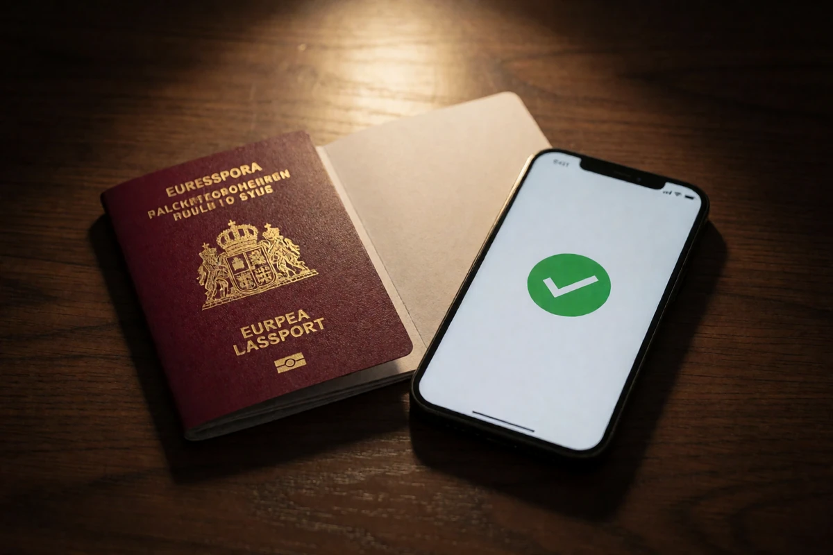 Ge&ouml;ffneter Reisepass und Smartphone mit Verifizierungs-H&auml;kchen auf dunklem Holzschreibtisch im Spotlight