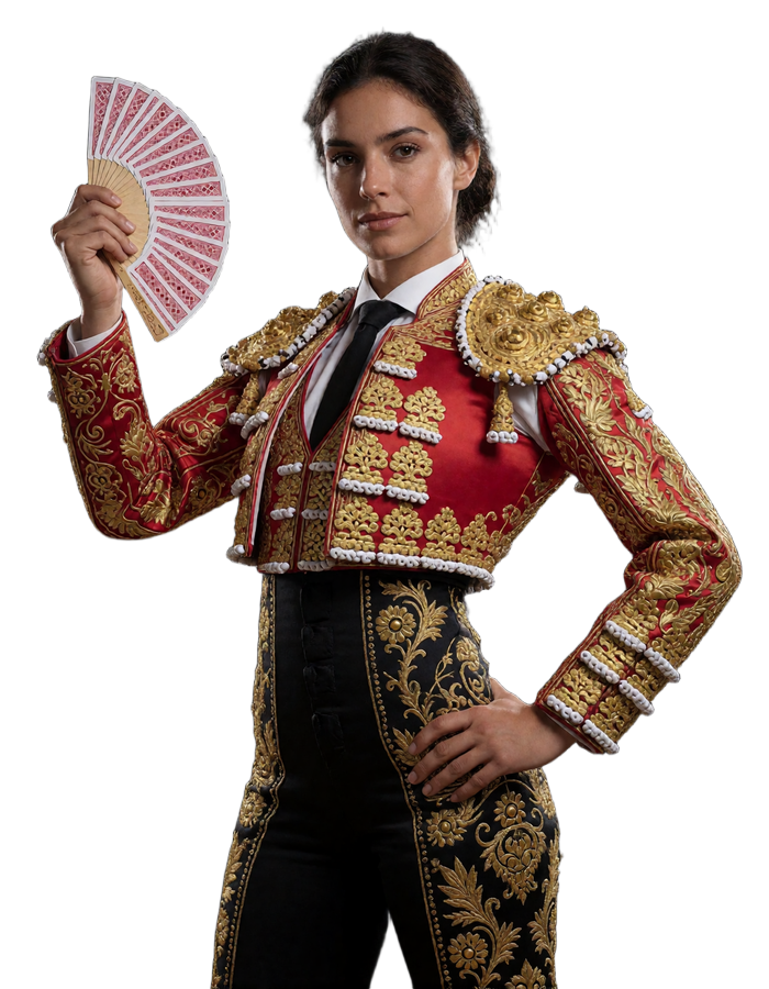 Matadorin Carmen im rot-goldenen Traje de Luces mit einem F&auml;cher aus Spielkarten in der Casina Arena