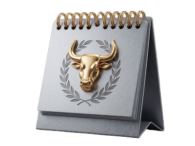 Silberner Kalender mit goldenem Stierkopf-Wappen f&uuml;r die w&ouml;chentlichen Auszahlungslimits der Stufe Maestra