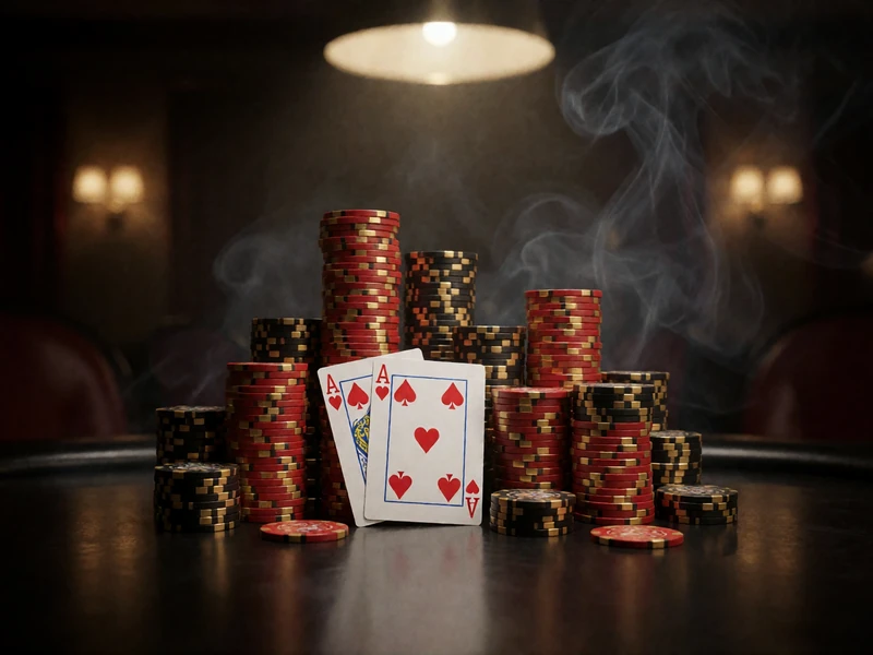 Hohe Pokerchip-Stapel in Rot, Gold und Schwarz auf dunklem Tisch im Spotlicht