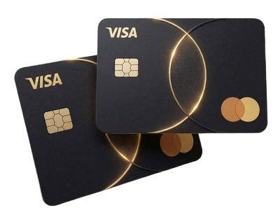 Dunkle Premium-Kreditkarten mit goldenen Logos f&uuml;r Visa- und Mastercard-Einzahlungen