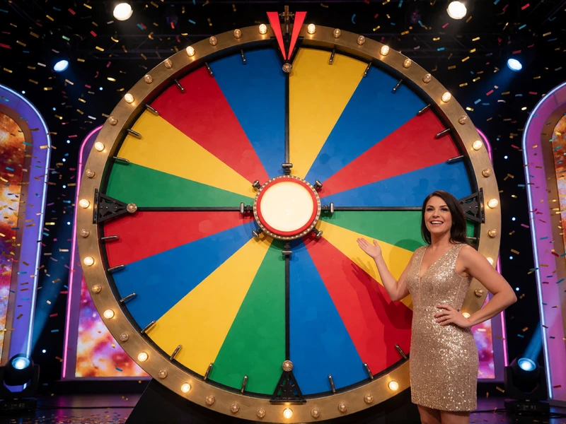 Crazy Time Game Show: riesiges buntes Gl&uuml;cksrad mit Moderatorin im Casina Live Casino
