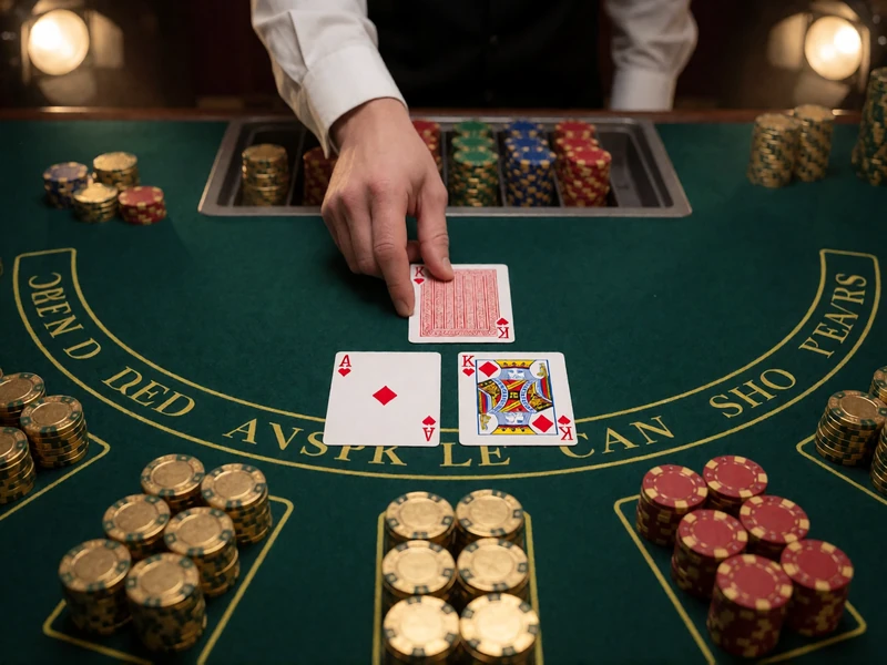 Live-Blackjack-Tisch von oben: Ass und K&ouml;nig auf dunkelgr&uuml;nem Filz mit Jetons