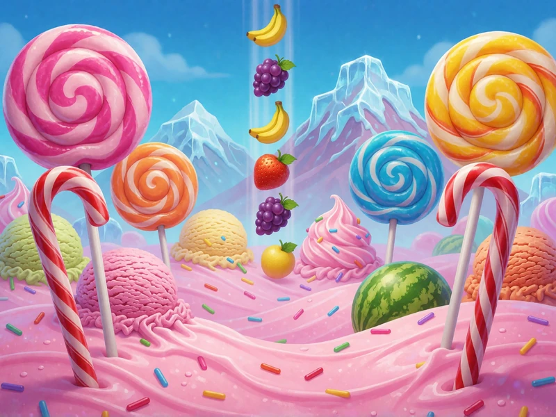 Sweet Bonanza Slot: bunte Candy-Landschaft mit Lollis und fallenden Fruchtsymbolen von oben