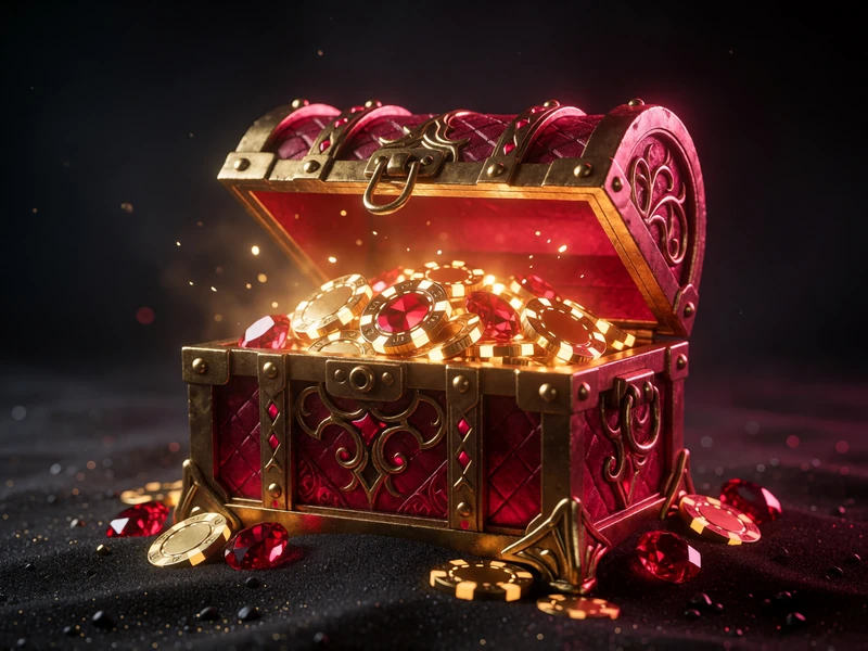 Leuchtende Schatztruhe voller Goldchips als Symbol f&uuml;r die dritte Bonus-Einzahlung