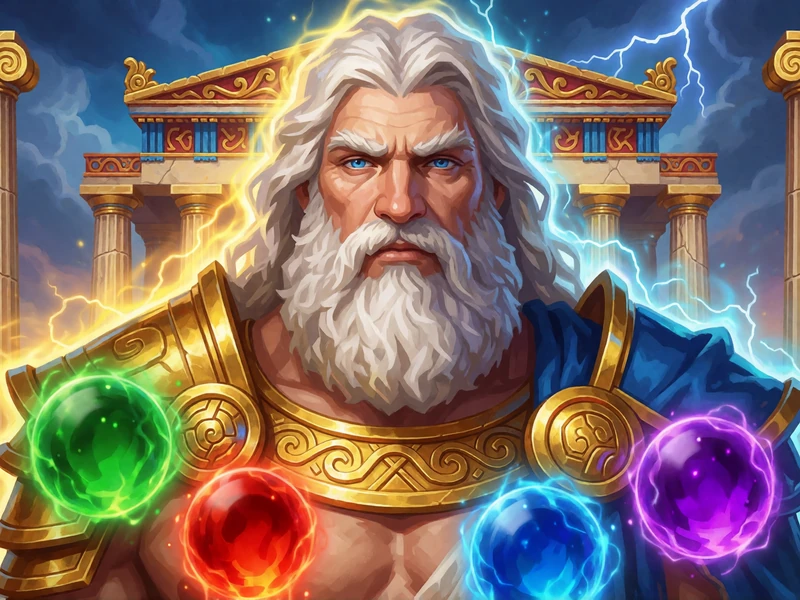 Gates of Olympus Slot: Zeus mit goldenen Multiplikator-Kugeln vor Tempels&auml;ulen bei Casina Casino